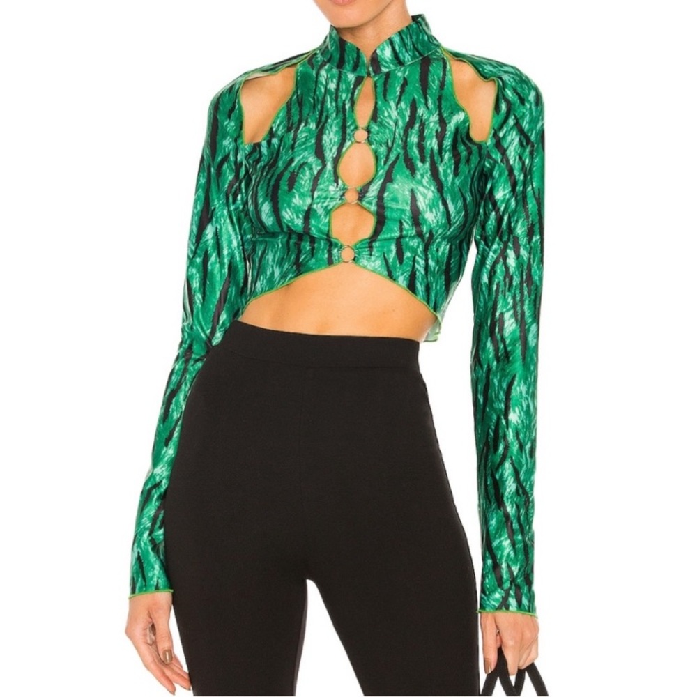 Kim Shui qi pao green stripe cut out long sleeve top womens S italy